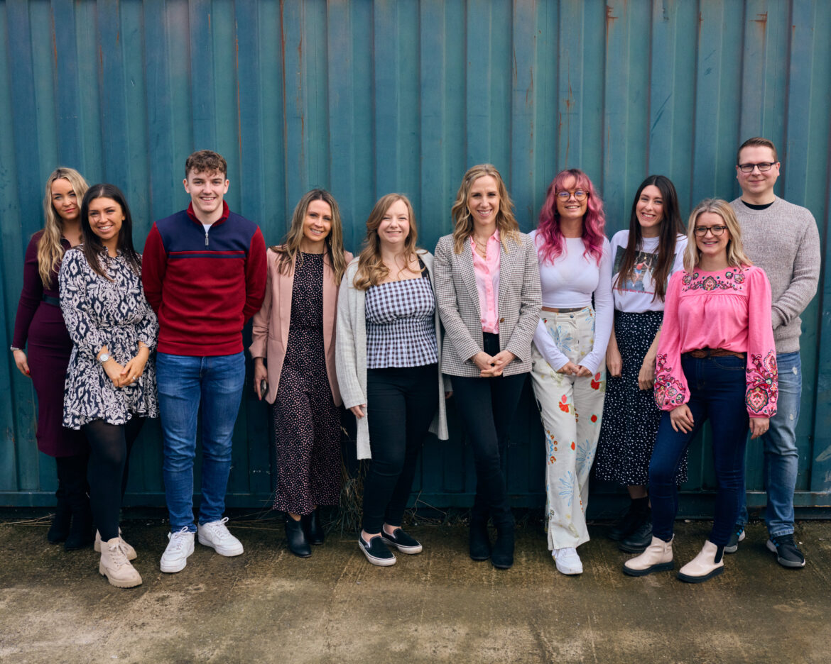 Entyce Creative team. From L to R: Emma Swinnerton, Katie-May Angel, Taylor Morris, Jane Entwistle (Director), Rebecca Davies, Libby Entwisle (Director), Kirstie Jones, Hannah Jenkins, Emily Morgan, Mike Surowiecki.