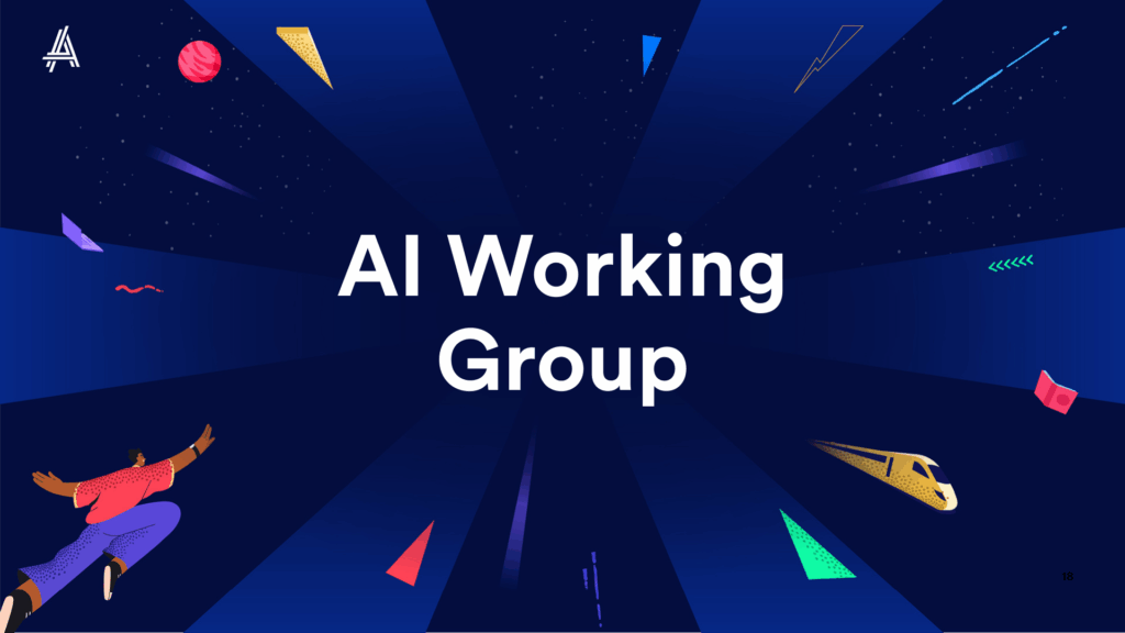 Graphic featuring the text "AI Working Group" in bold white letters against a vibrant blue background, surrounded by colorful geometric shapes and illustrations, suggesting innovation and collaboration in artificial intelligence.
