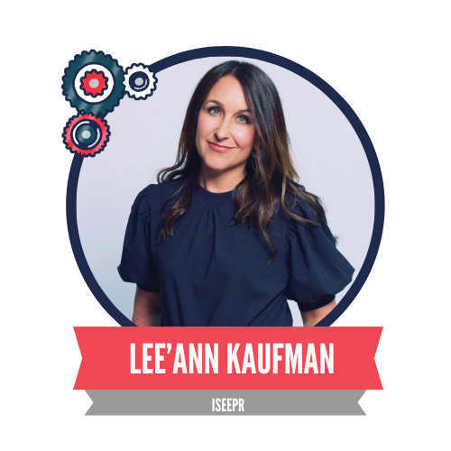 A professional woman with long brown hair wears a dark top, standing in a circular frame. The background features stylized embellishments, and below her is the text “LEE’ANN KAUFMAN” and “ISEEPR.”