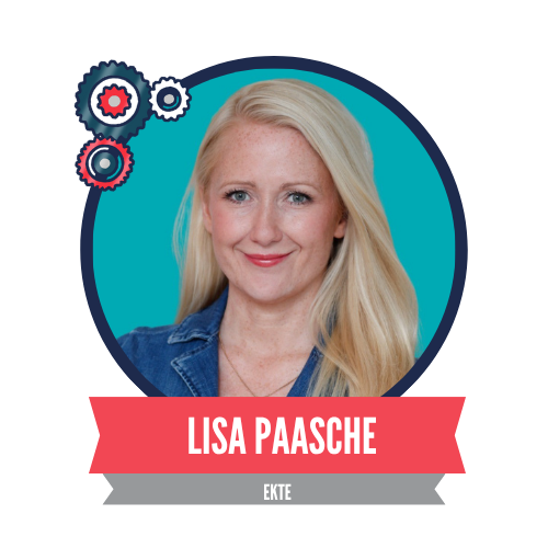 A blonde woman with long hair smiles in a circular frame, wearing a denim jacket. The background is teal and purple, featuring gear graphics. Her name, "Lisa Paasche," is displayed below in bold pink letters.
