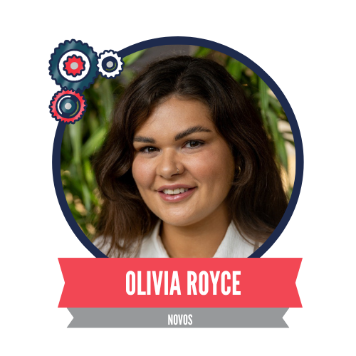 A circular portrait of a smiling woman with brown hair, surrounded by a green background. Below the image, a red banner displays the name "Olivia Royce" and the word "NOVOS."