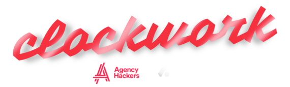 The image features the word "clockwork" in a stylized, cursive font, colored in shades of red. Below, it includes icons representing "A jazz" and "of productive," suggesting themes of creativity and productivity. The background is dark, enhancing the text's visibility.