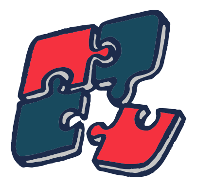 An illustration of four interlocking puzzle pieces in red and blue against a dark background, symbolizing connection and problem-solving.