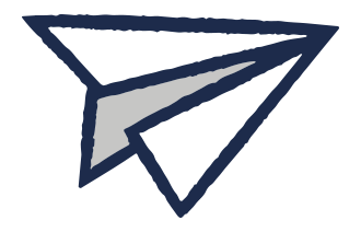 A stylized paper airplane icon in white and gray, set against a dark blue background. The design conveys a sense of movement and creativity.