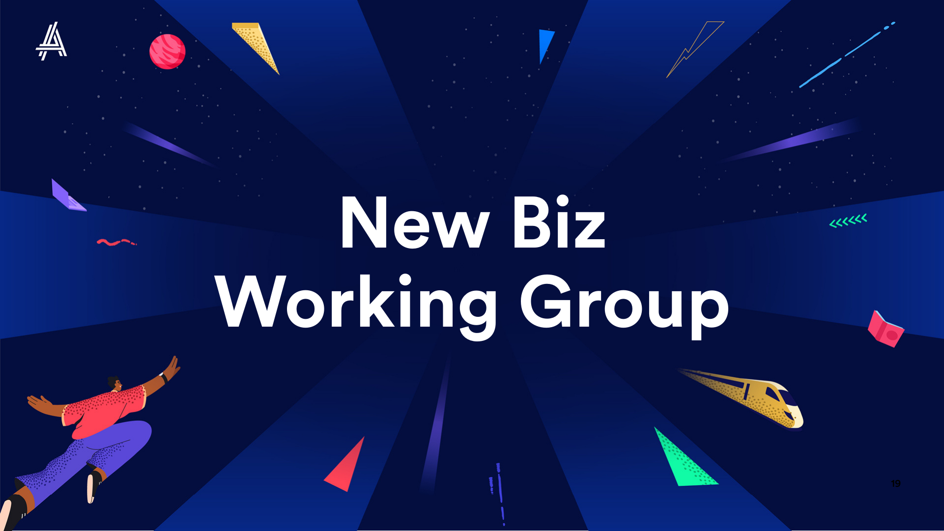 A colorful graphic illustrating the words "New Biz Working Group," surrounded by dynamic shapes and elements, set against a deep blue background.