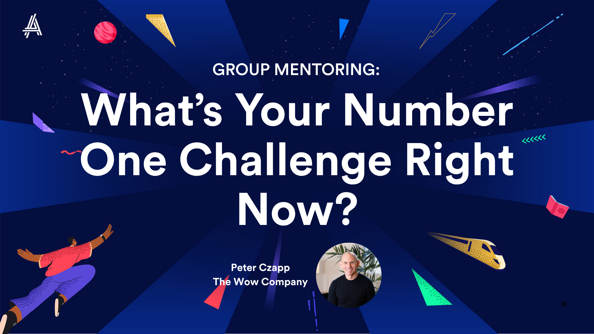 A vibrant graphic titled "Group Mentoring: What's Your Number One Challenge Right Now?" featuring colorful abstract shapes and an illustration of Peter Colapso from The Wave Company in a circular frame. The design conveys a sense of engagement and support in mentoring.