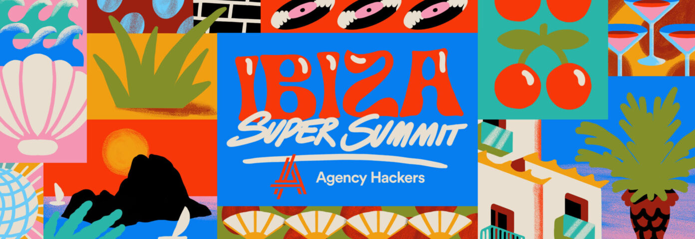 Colorful graphic featuring the text "IBIZA SUPER SUMMIT" with stylized illustrations of tropical themes, including shells, plants, and cocktails, set against a vibrant background.