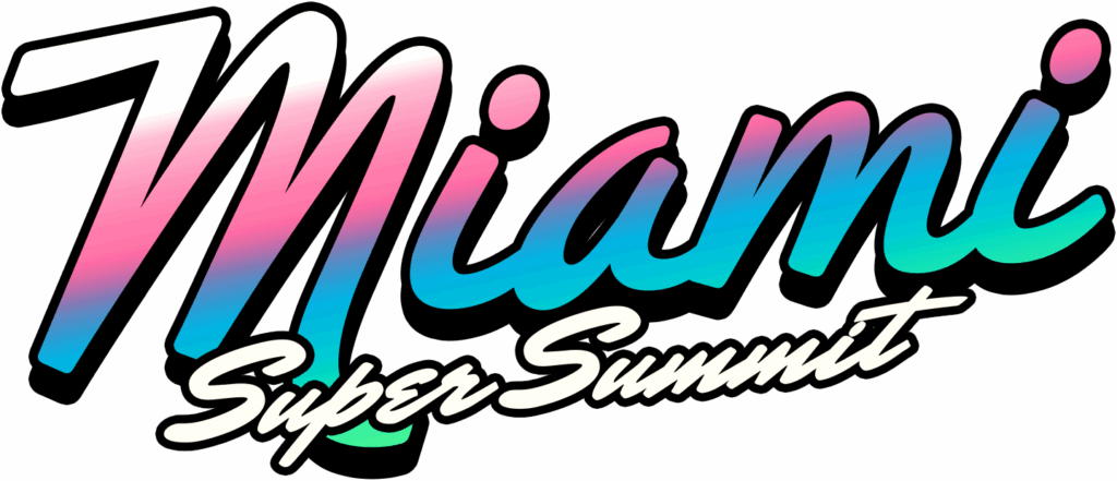 Logo featuring the words "Miami" in a stylized gradient font with pink and blue colors and "Super Summit" in smaller, white script underneath, all set against a black background.