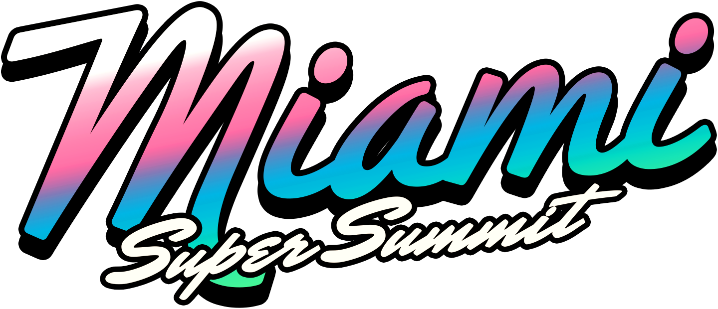 Stylized text reading "Miami Super Summit" in a gradient of pink, blue, and white on a black background.