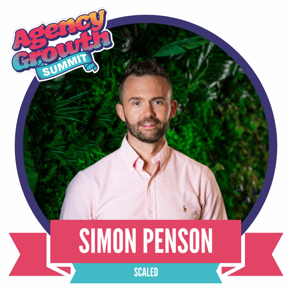 A man wearing a pink shirt stands in front of a leafy green background. The image features "Agency Growth Summit" text at the top and "Simon Penson" on a red banner at the bottom.
