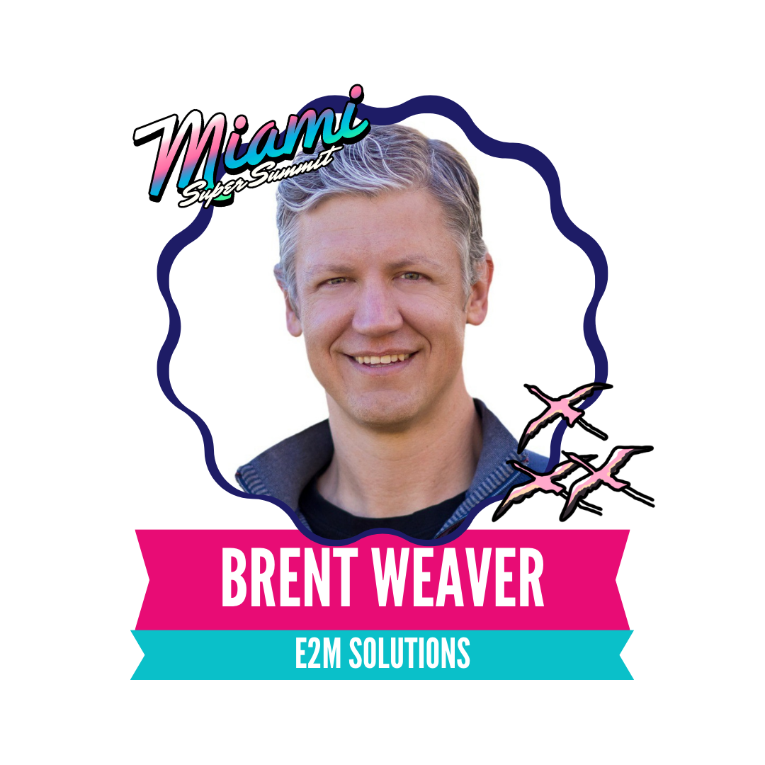 A portrait of a smiling man with short gray hair, labeled as Brent Weaver from E2M Solutions, with a Miami-themed design featuring pink flamingos.