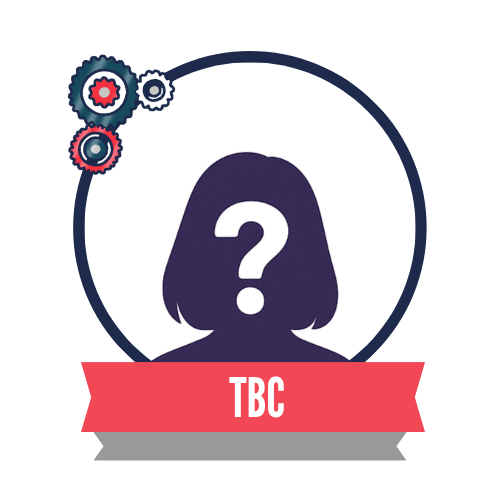 Silhouette of a woman with a question mark in place of her face, enclosed in a circular frame. A decorative design with gears is in the top left corner, and a red banner at the bottom reads "TBC".
