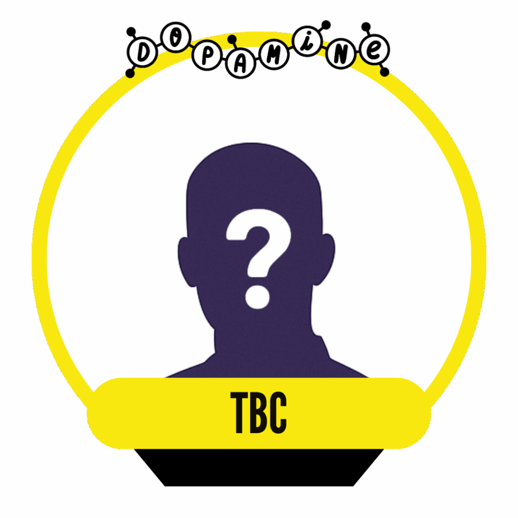 A circular design featuring a silhouette of a head with a question mark, indicating an unknown identity, and the letters "TBC" below, all set against a yellow background.