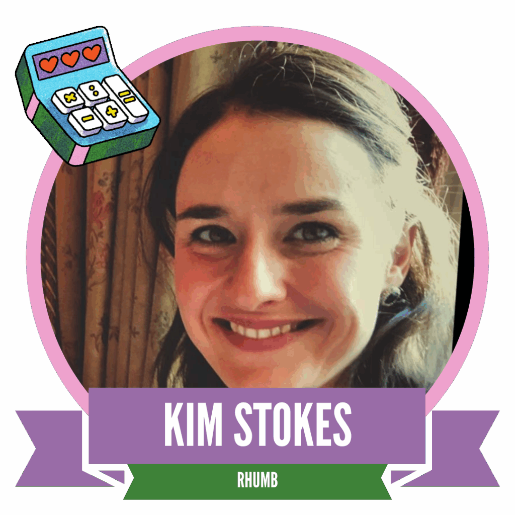 A circular portrait of a smiling woman with brown hair, accompanied by decorative elements like a slot machine and the name "Kim Stokes" displayed below. The background is a soft lavender color.