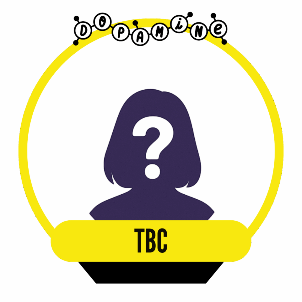 A silhouette of a person with a question mark inside the head, set against a circular background. The bottom section features the text "TBC" in bold, with a playful design element above reading "Dopamine."