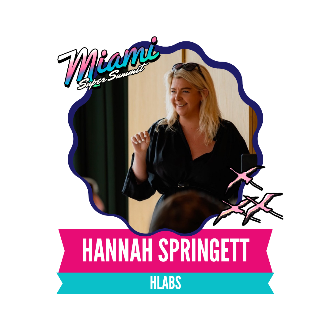 A woman speaking at the Miami Spice Summit, identified as Hannah Springett from HLABS, with a vibrant background featuring birds.