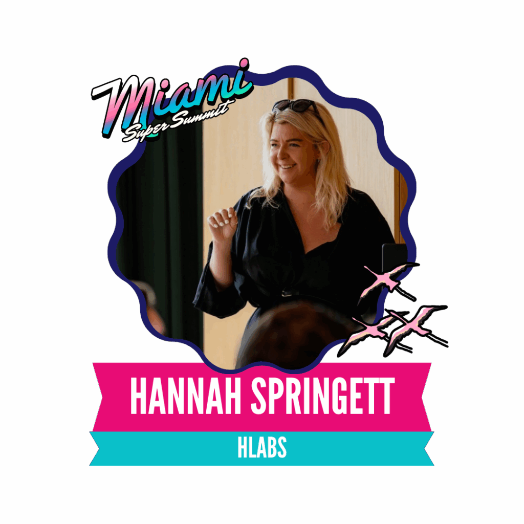 A woman speaking at the Miami Super Summit, wearing sunglasses on her head, with a purple background and pink name banner.