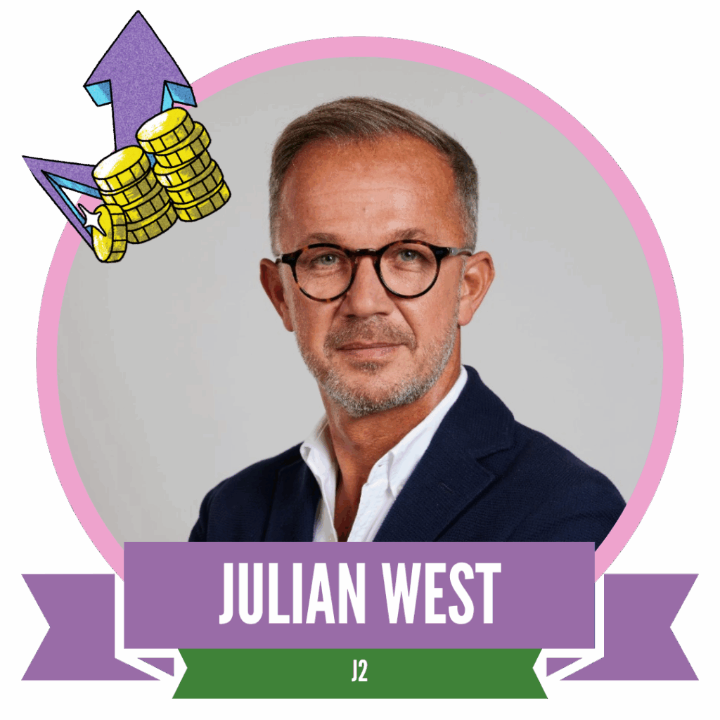 A professional portrait of a man with glasses, short hair, and a light beard, set against a circular background. The image includes playful graphics of coins and an upward arrow, along with the name "Julian West" prominently displayed at the bottom.