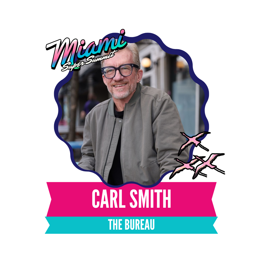 A man smiling, wearing glasses and a casual jacket, with a decorative Miami-themed border featuring pink and blue colors, and stylized birds. The text reads "Carl Smith, The Bureau."
