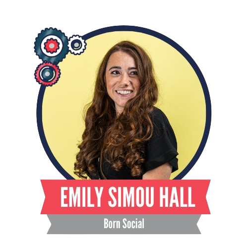 A woman with long, curly brown hair smiles in a circular photo with a yellow background. Decorated with gear icons, her name and "Born Social" are displayed beneath.
