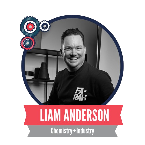 A smiling person in a circular frame with decorative gears. Text below reads "Liam Anderson, Chemistry+Industry."