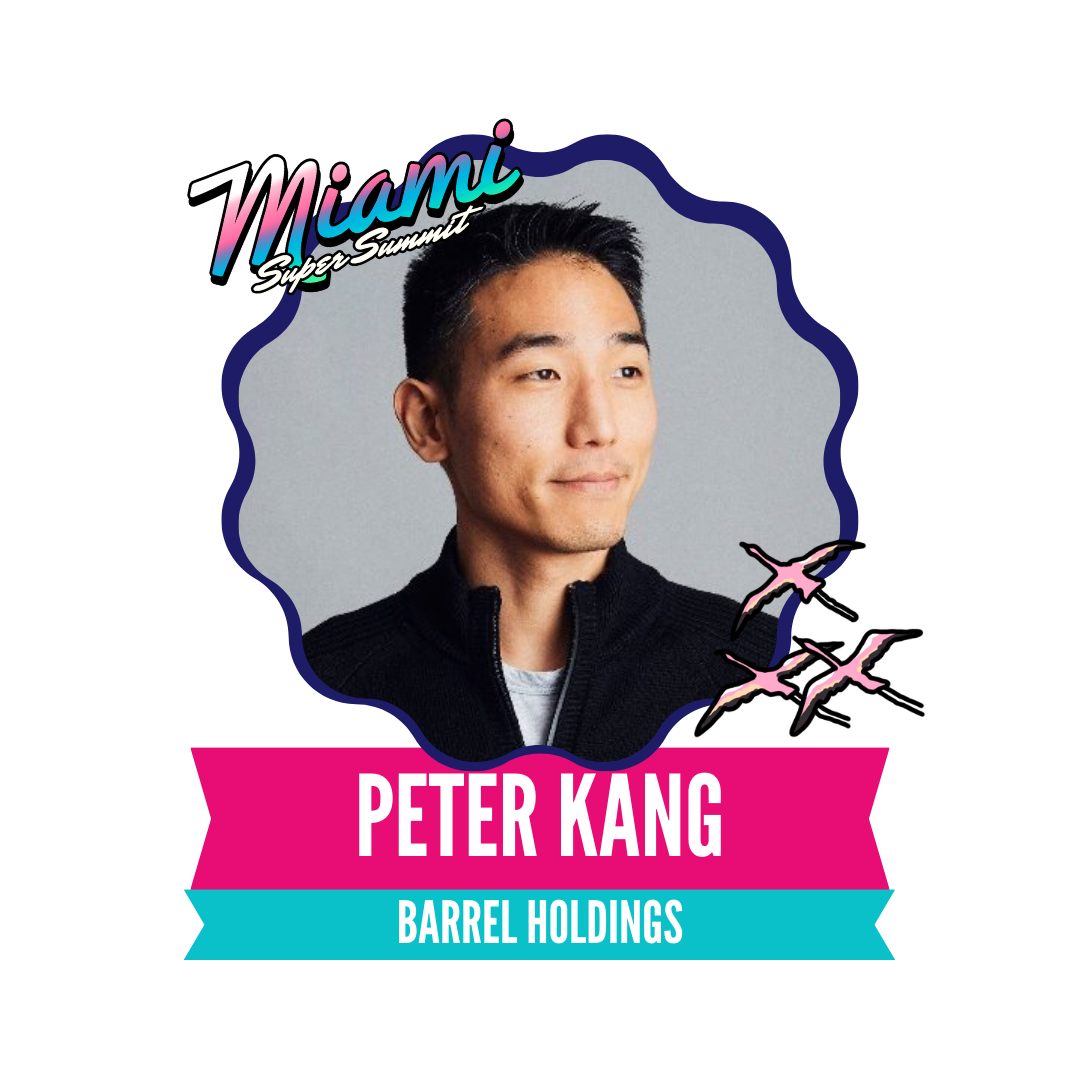 A portrait of a person with a colorful graphic design featuring "Miami Swim Summit," the name "Peter Kang," and "Barrel Holdings" text, alongside stylized flamingos.