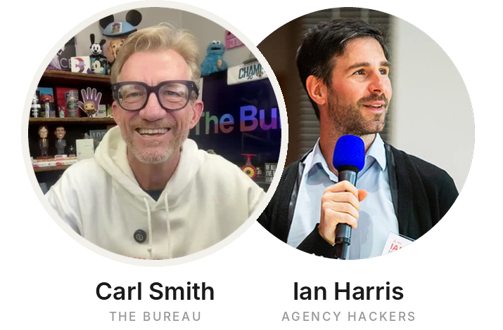 Two men are pictured: one smiling in a hoodie in what appears to be an office, the other speaking into a microphone, wearing a suit jacket.