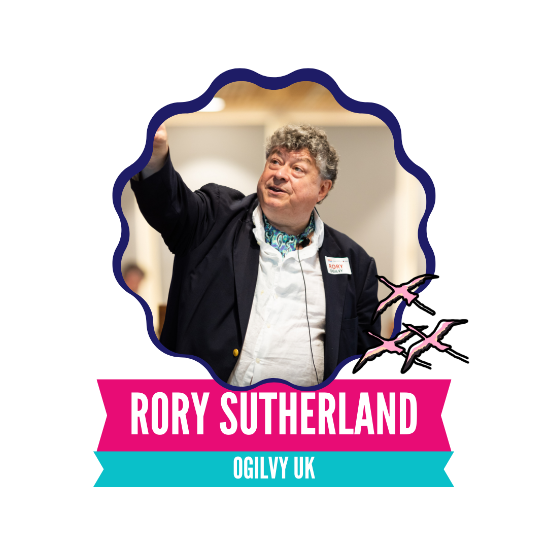 A man in a suit gestures while speaking, framed in a decorative border. Text below reads "Rory Sutherland, Ogilvy UK" with a pink and blue banner. The background is purple.
