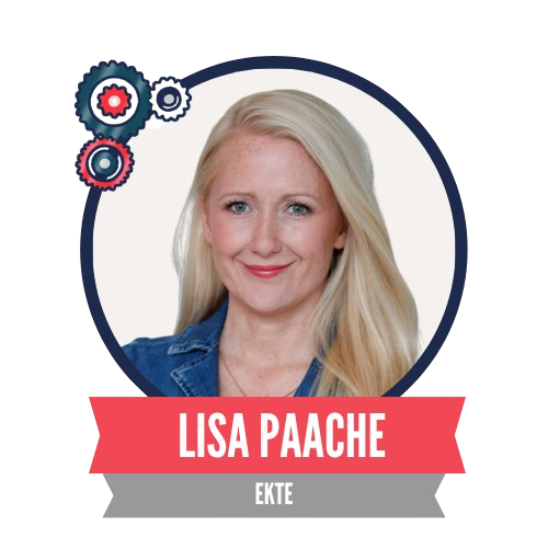 A woman with long blonde hair, wearing a blue top, is in a circular frame with decorative gears. A red banner with text appears below her.