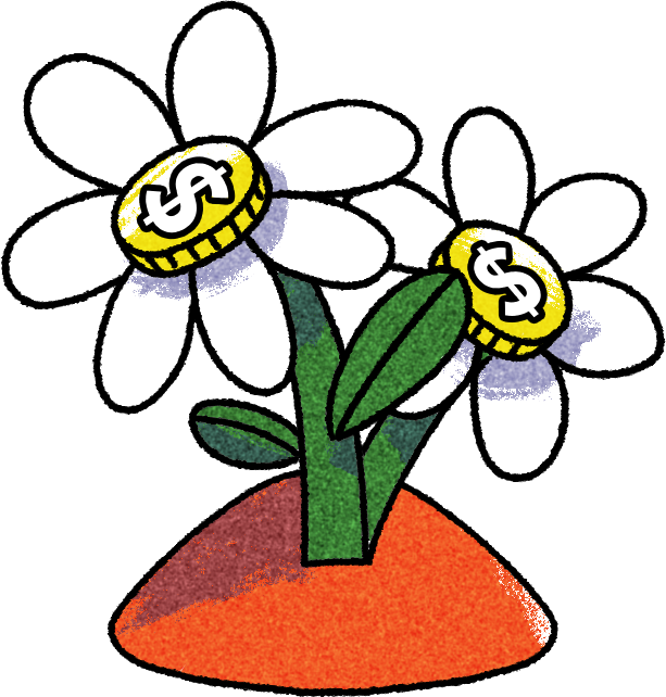 A cartoon illustration of two white flowers with yellow dollar sign coins for centers, growing from a simple brown soil base. The background is black, highlighting the whimsical design.