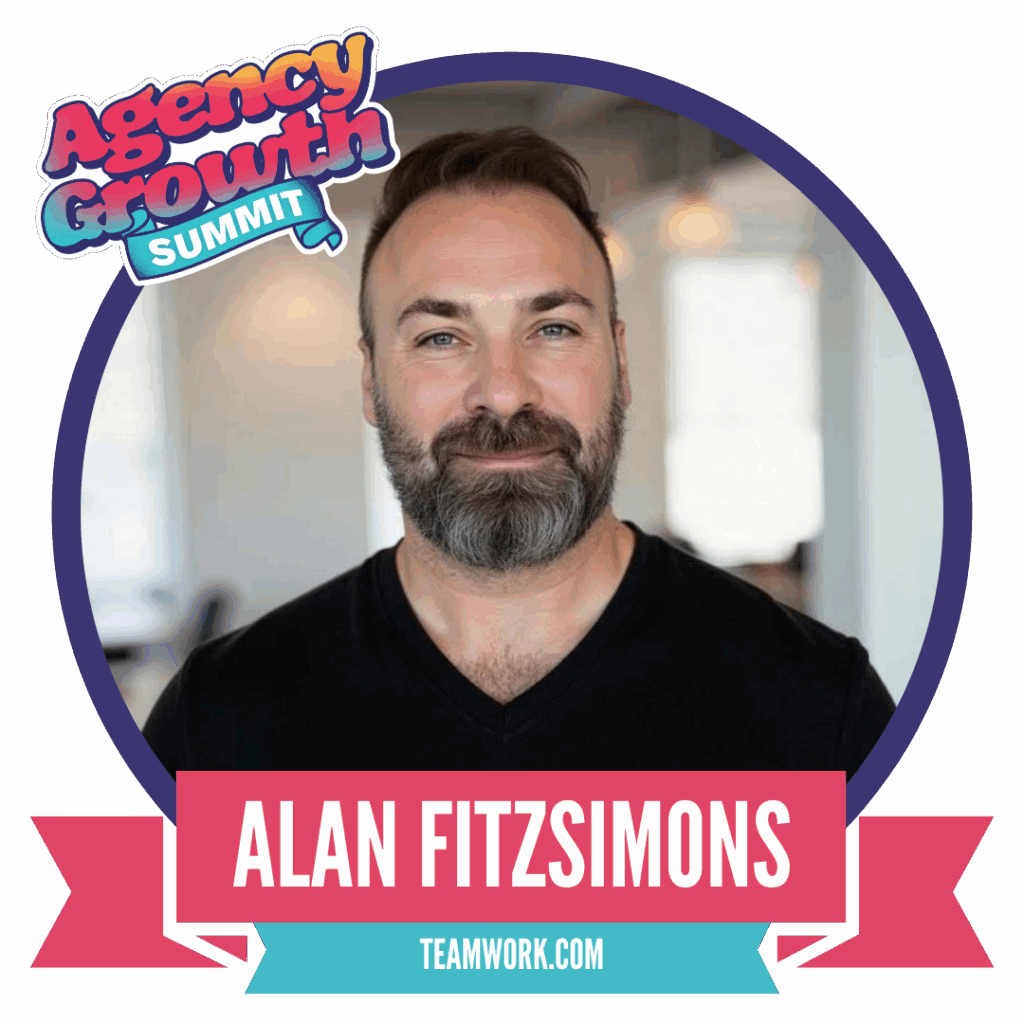 Man with a beard and short hair, wearing a black shirt, against a blurred indoor background. Text reads "Agency Growth Summit" above and "Alan Fitzsimons" below, with a decorative banner at the bottom.