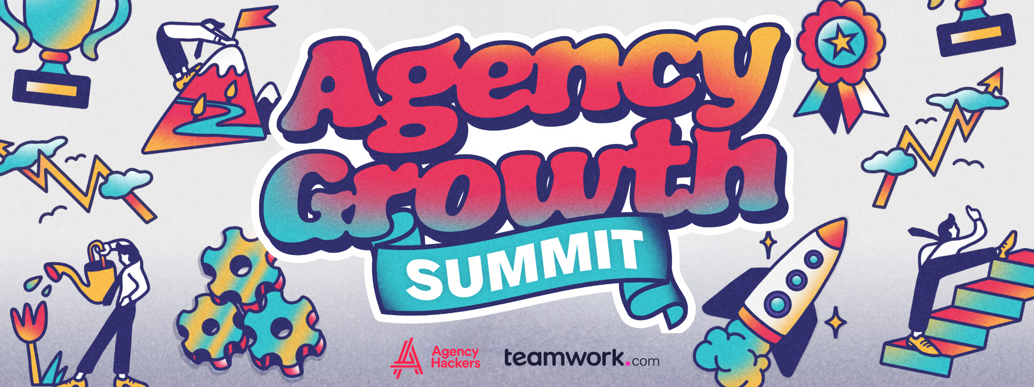 "Colorful banner for Agency Growth Summit featuring illustrations of rockets, trophies, and teamwork elements."