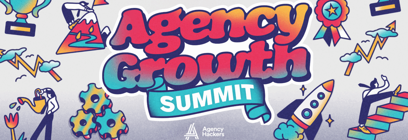 Colorful graphic featuring the text "Agency Growth Summit" surrounded by illustrations of trophies, charts, gears, and rockets, symbolizing innovation and success in agency development.