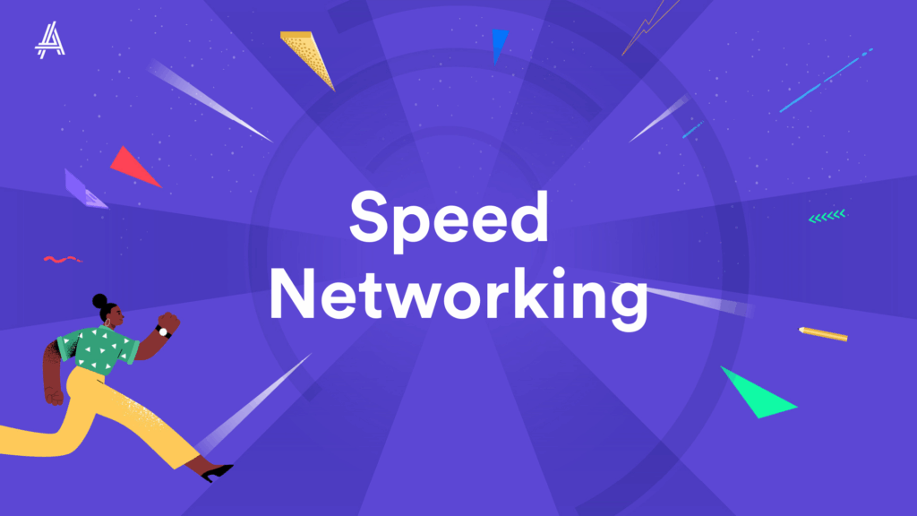 An illustration depicting the concept of "Speed Networking," featuring a person in motion against a dynamic purple background with colorful shapes, symbolizing energy and connection in a professional networking setting.