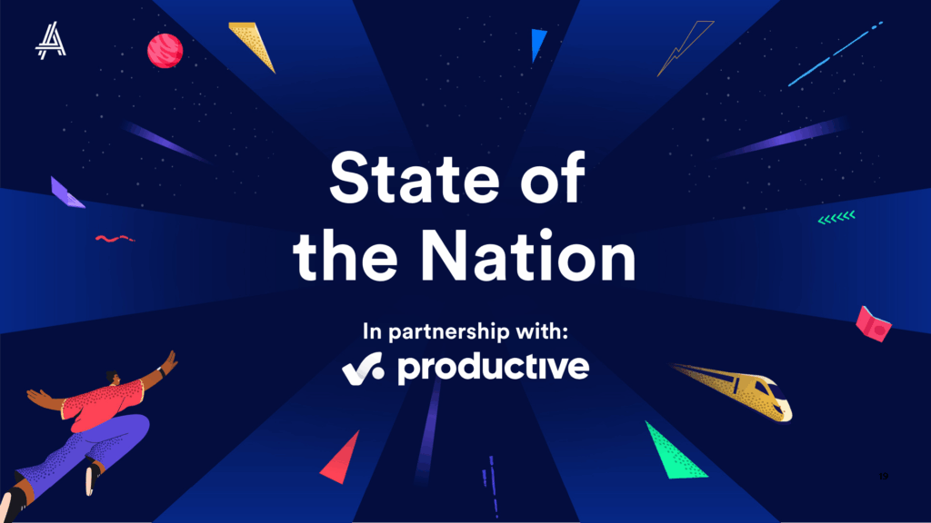 A vibrant graphic featuring the text "State of the Nation" prominently displayed, accompanied by the logo of Productive. Colorful abstract shapes and patterns radiate outward from the center, set against a dark blue background, creating a dynamic visual effect.