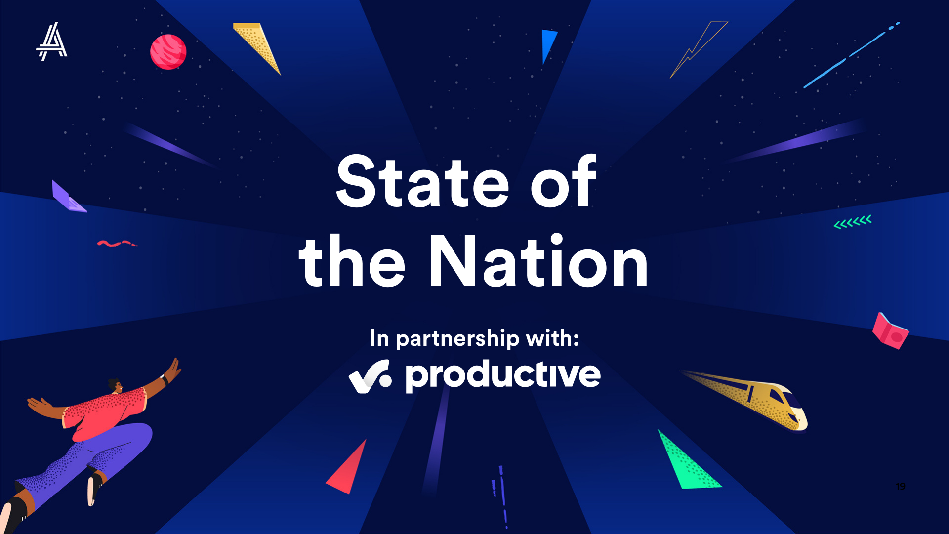 A vibrant graphic featuring the text "State of the Nation" prominently displayed, accompanied by the logo of Productive. Colorful abstract shapes and patterns radiate outward from the center, set against a dark blue background, creating a dynamic visual effect.