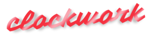 The image features the word "clockwork" designed in a stylized, bold red font with a gradient effect, conveying a sense of movement and energy.
