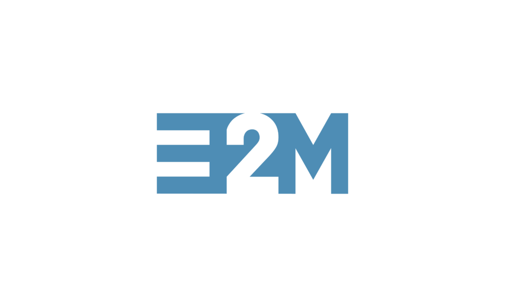 Logo displaying stylized letters "E2M" in dark blue against a light blue background.