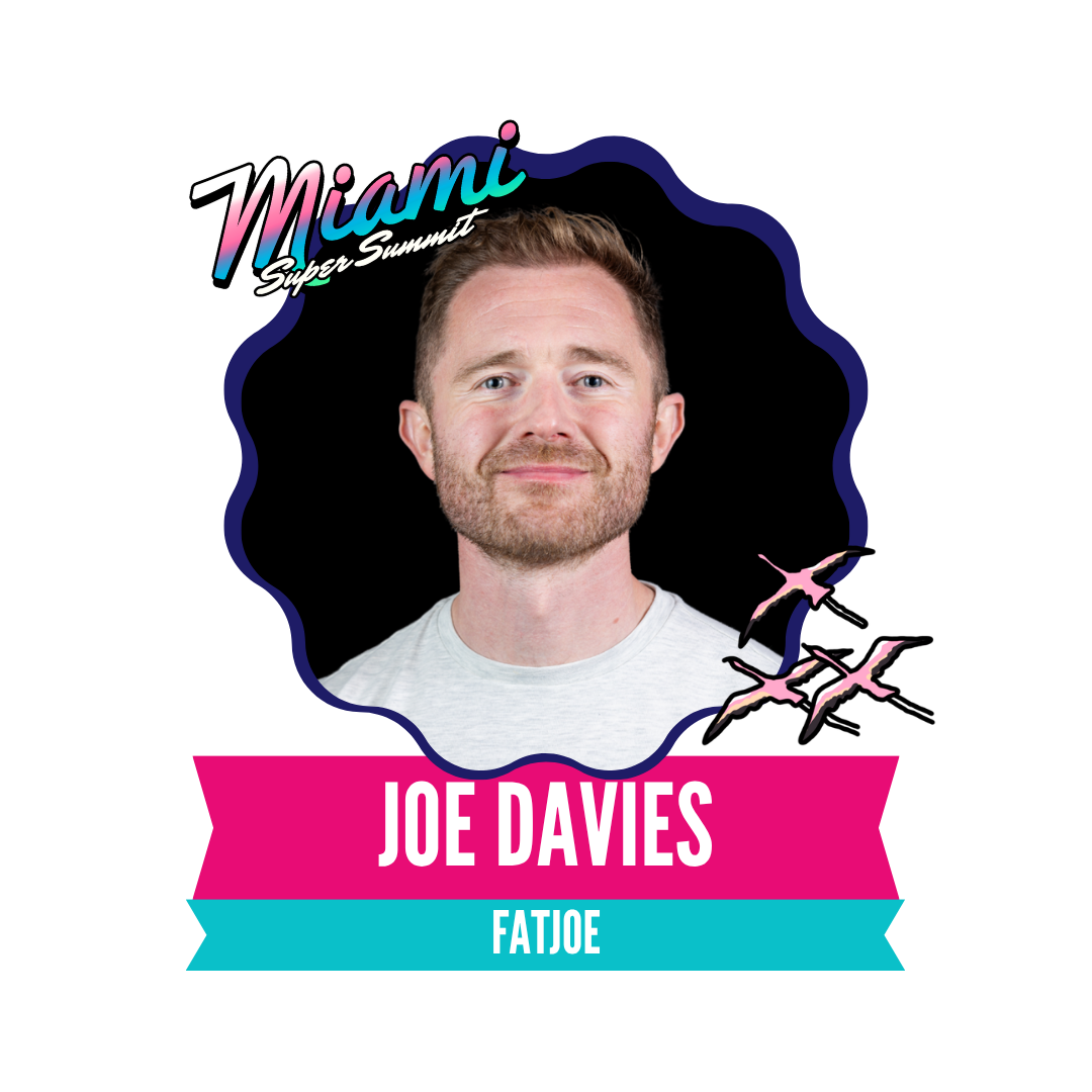 A portrait of a smiling person with a banner above and below, featuring the text "Miami SEO Summit," "Joe Davies," and "FatJoe," alongside decorative flamingos.