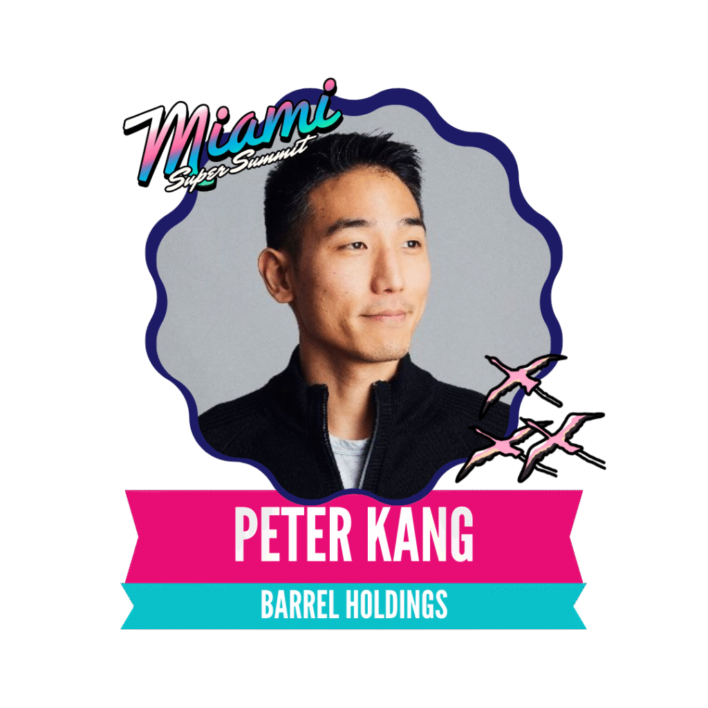 Portrait of a man with short hair, framed by a decorative border. The image includes the text "Miami Says Summit," "Peter Kang," and "Barrel Holdings," and features three stylized dolphins.