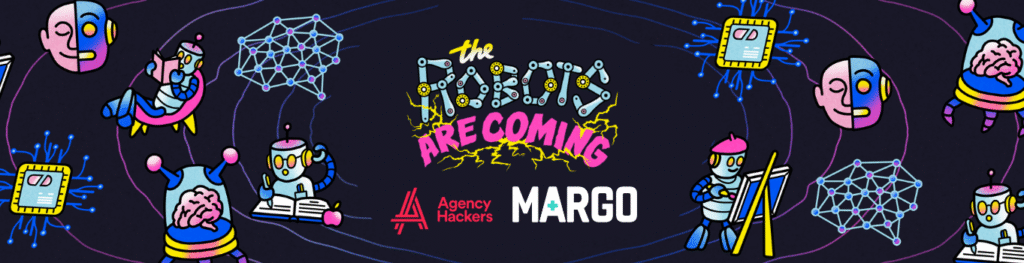 Colorful illustration featuring futuristic robots, digital screens, and brain imagery with text "The Robots Are Coming."