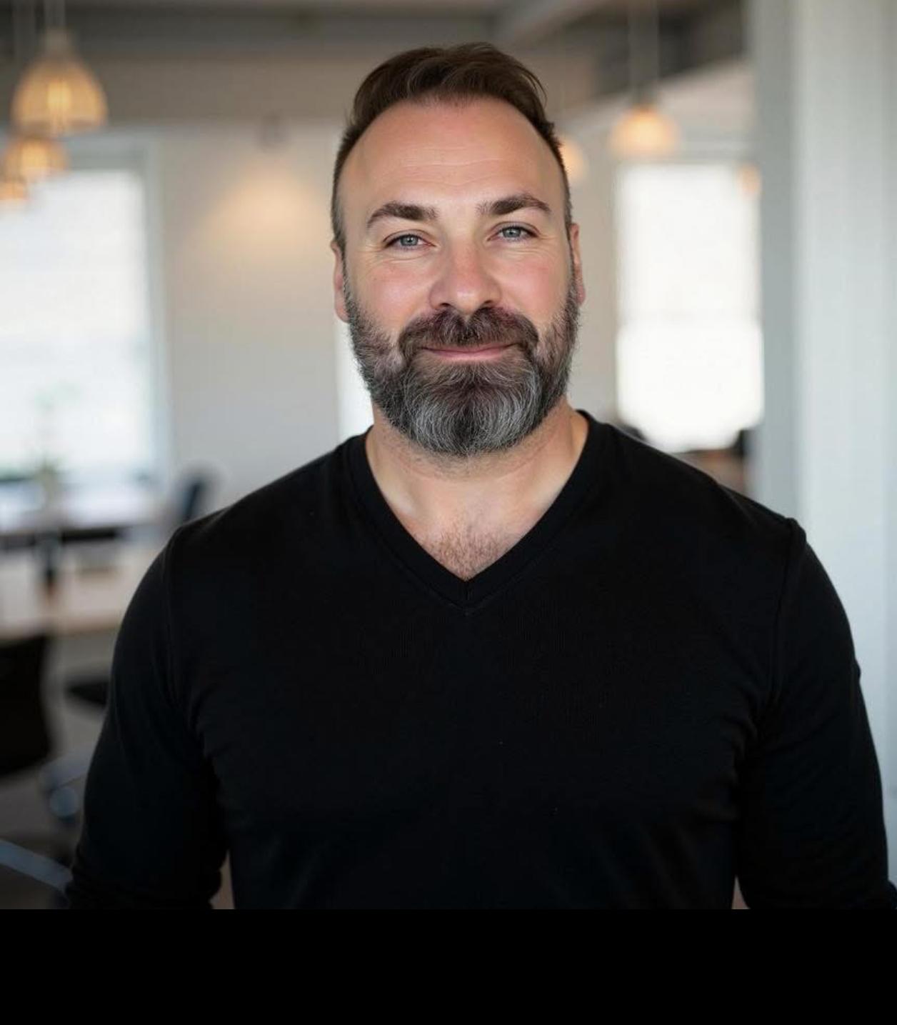 A bearded man in a black V-neck sweater stands in a brightly lit office with a confident expression.