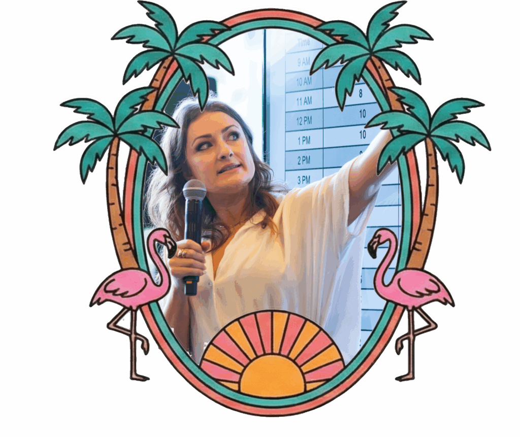 A woman holds a microphone and points to a presentation screen, framed by illustrations of palm trees, flamingos, and a sunrise.