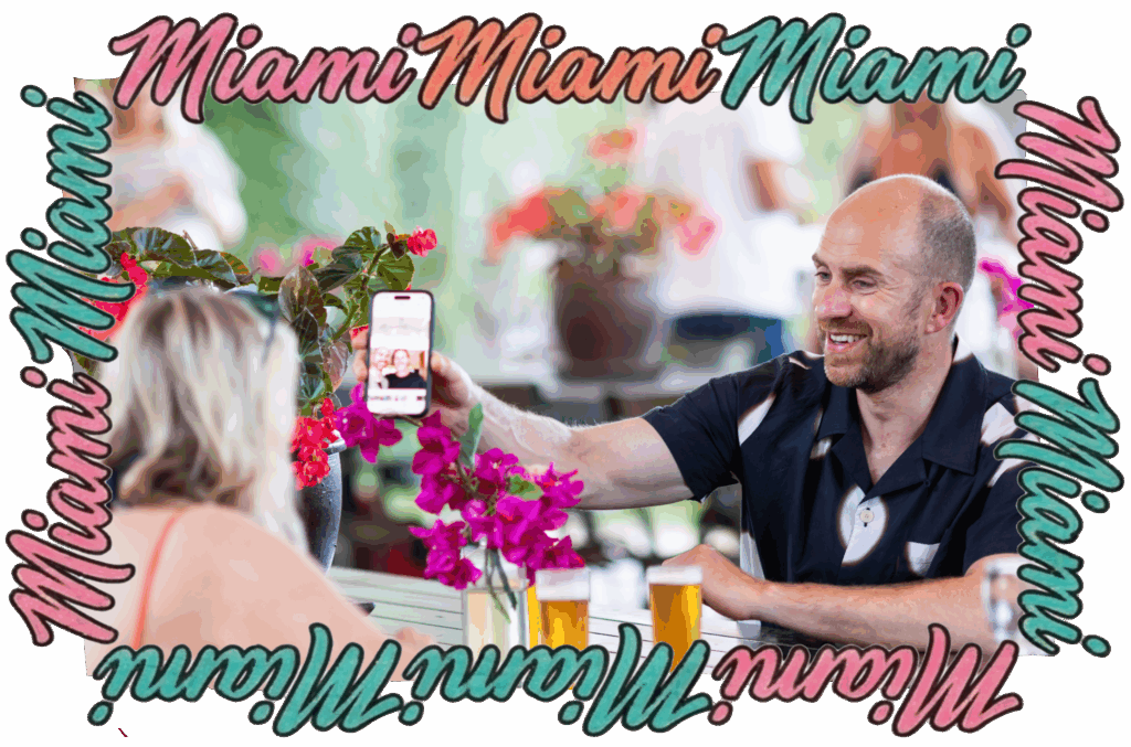 A man and a woman enjoy drinks at an outdoor cafe, surrounded by colorful flowers. The word "Miami" is repeatedly written in vibrant, playful fonts bordering the image.