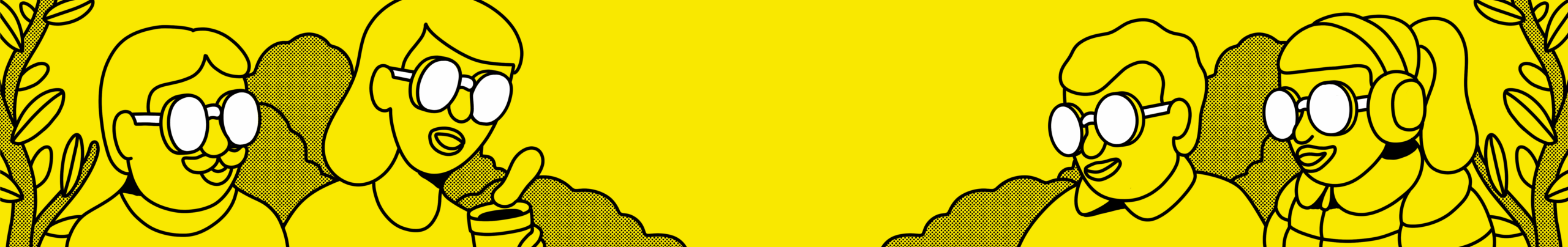 A vibrant yellow illustration depicting four cartoon characters in conversation, two on each side, with expressive gestures. The characters wear glasses and have distinct hairstyles, surrounded by decorative leaves, creating a lively and cheerful atmosphere.