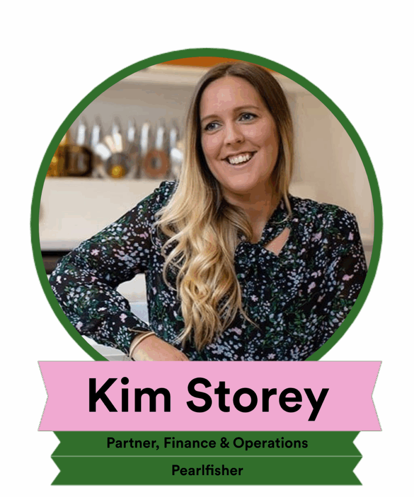 A woman with long, wavy hair smiles while seated, wearing a floral blouse. The image features a circular frame and includes her name, "Kim Storey," and her title, "Partner, Finance & Operations, Pearlfisher," in a pink banner.