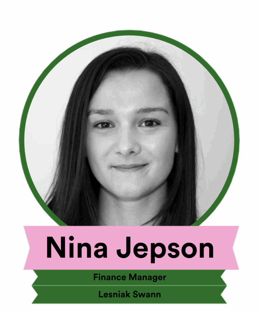 A professional headshot of Nina Jepson, a Finance Manager at Lesniak Swann, presented in a circular format with her name and title below. The background is green, and the text is in pink and black.