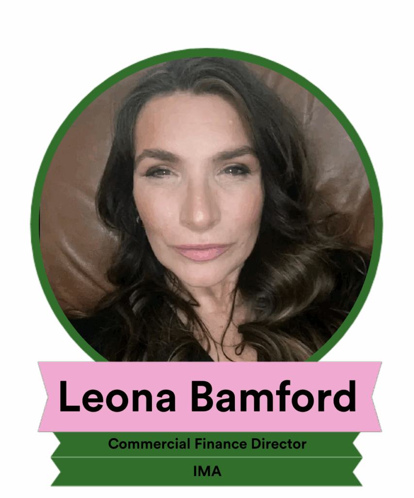A headshot of Leona Bamford, the Commercial Finance Director at IMA, featuring her with long dark hair and a neutral expression. The image includes her name and title displayed prominently.