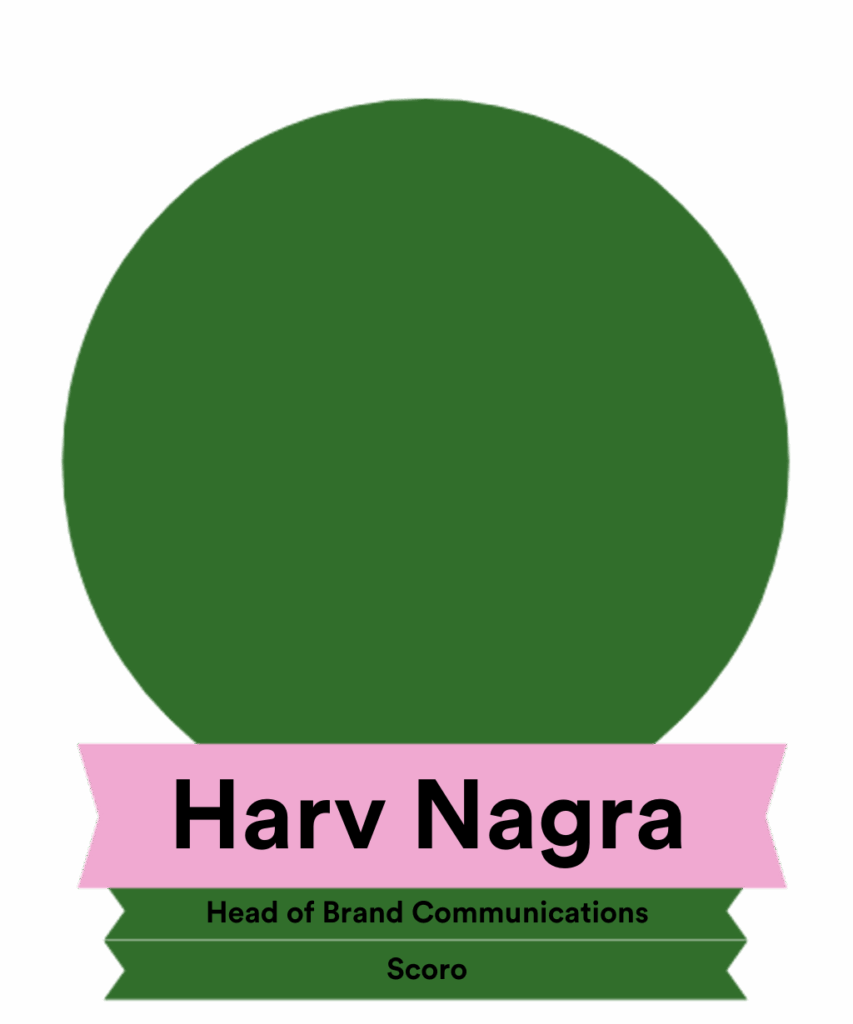 The image features a circular graphic with a solid green background. Centered in the graphic is the name "Harv Nagra," with the title "Head of Brand Communications" and the word "Scoro" displayed below in a pink ribbon-style banner.
