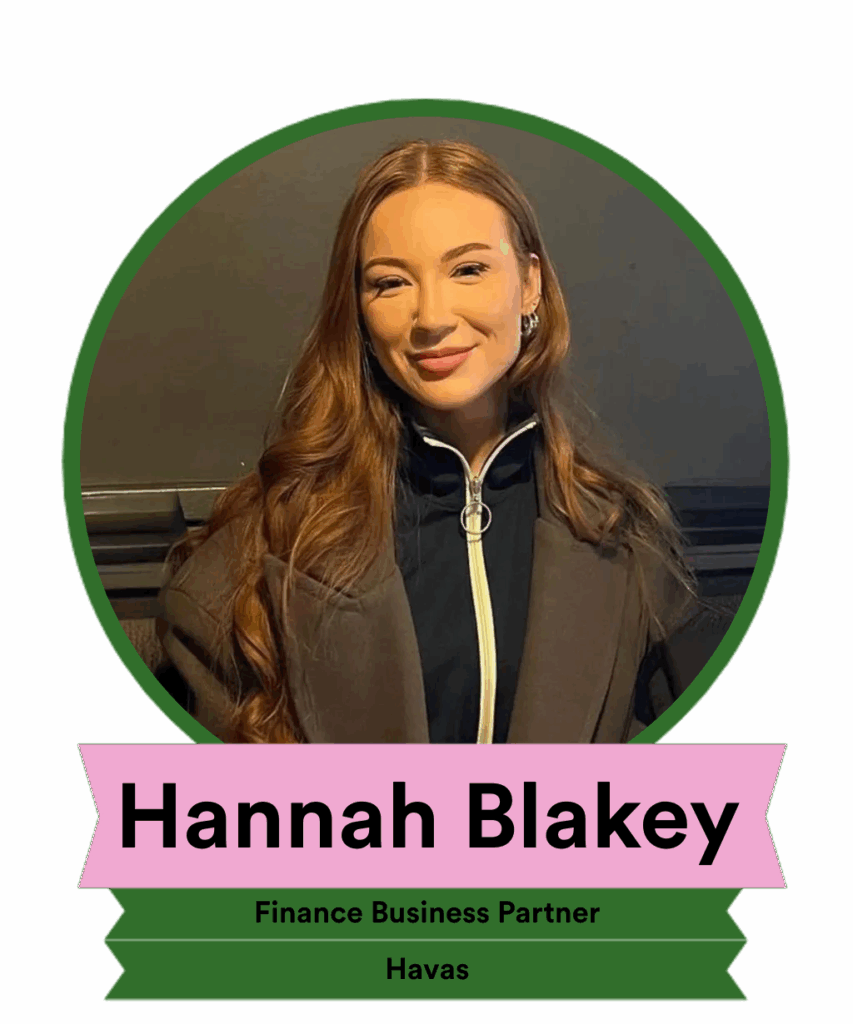 A woman with long brown hair smiles warmly in a circular portrait. She is identified as Hannah Blakey, a Finance Business Partner at Havas, with her title displayed below her name.